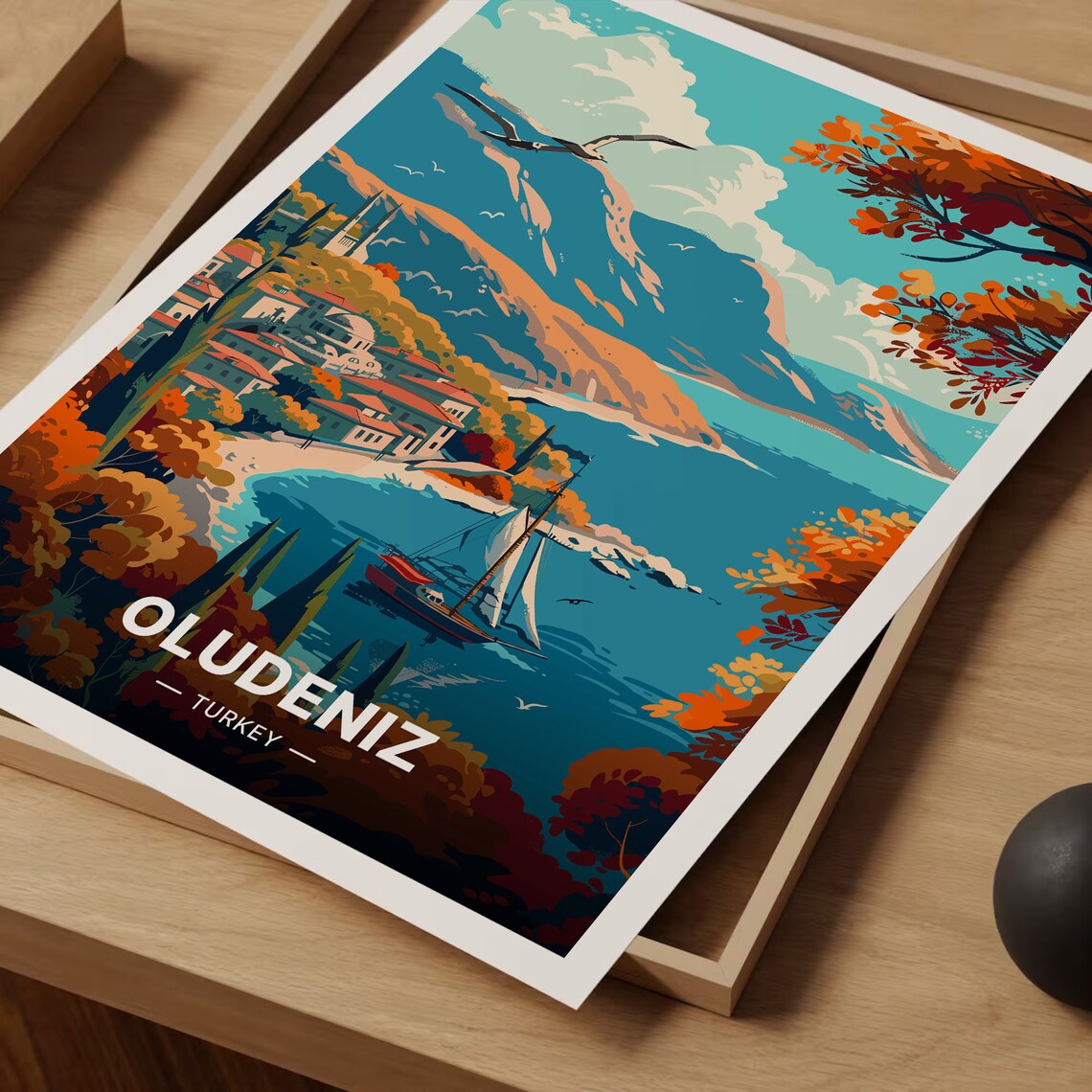 Oludeniz Turkey Turquoise Lagoon Sailboat Mountain Travel Poster - Image 3