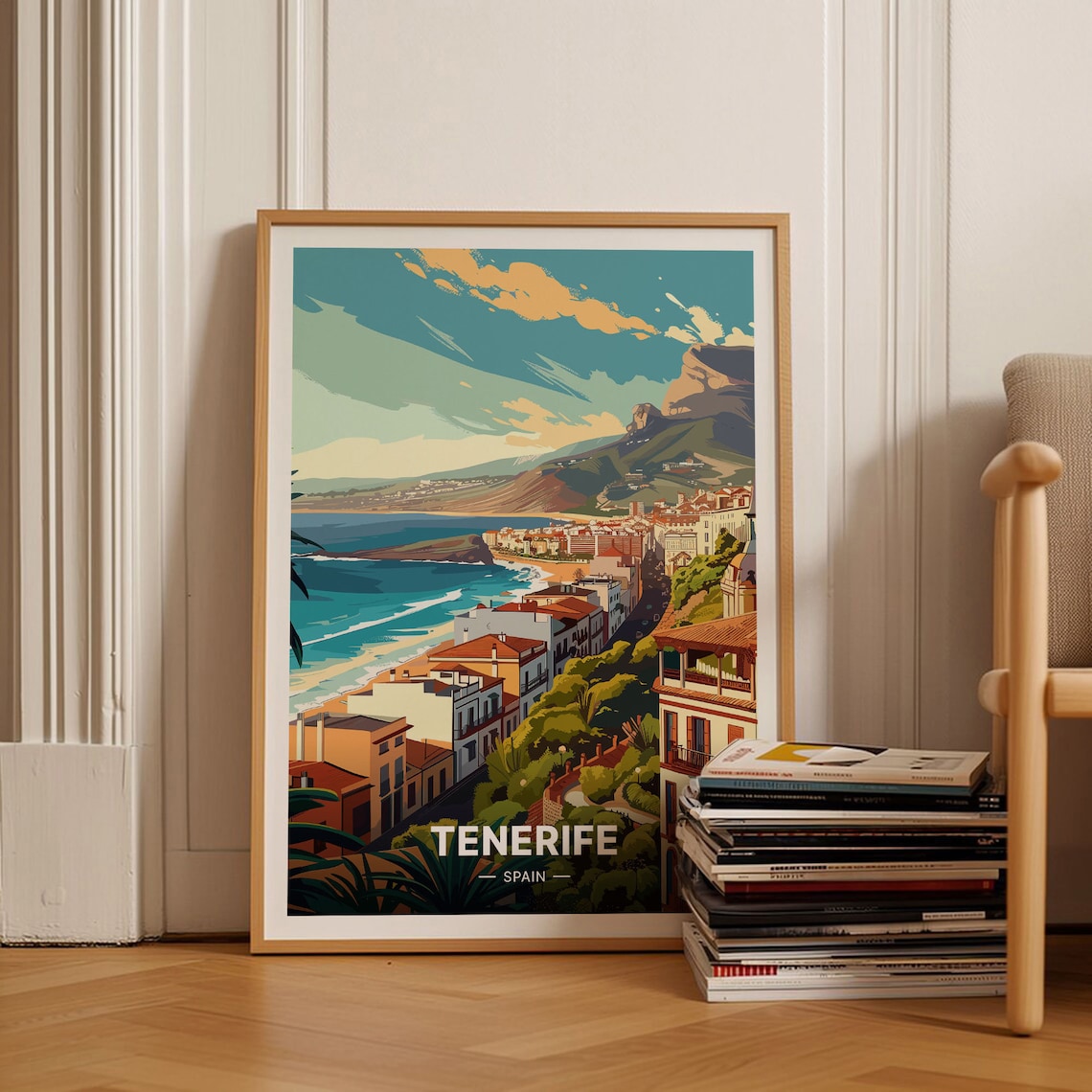 Tenerife Spain Coastal Town Beach Bay Hillside Vintage Travel Poster