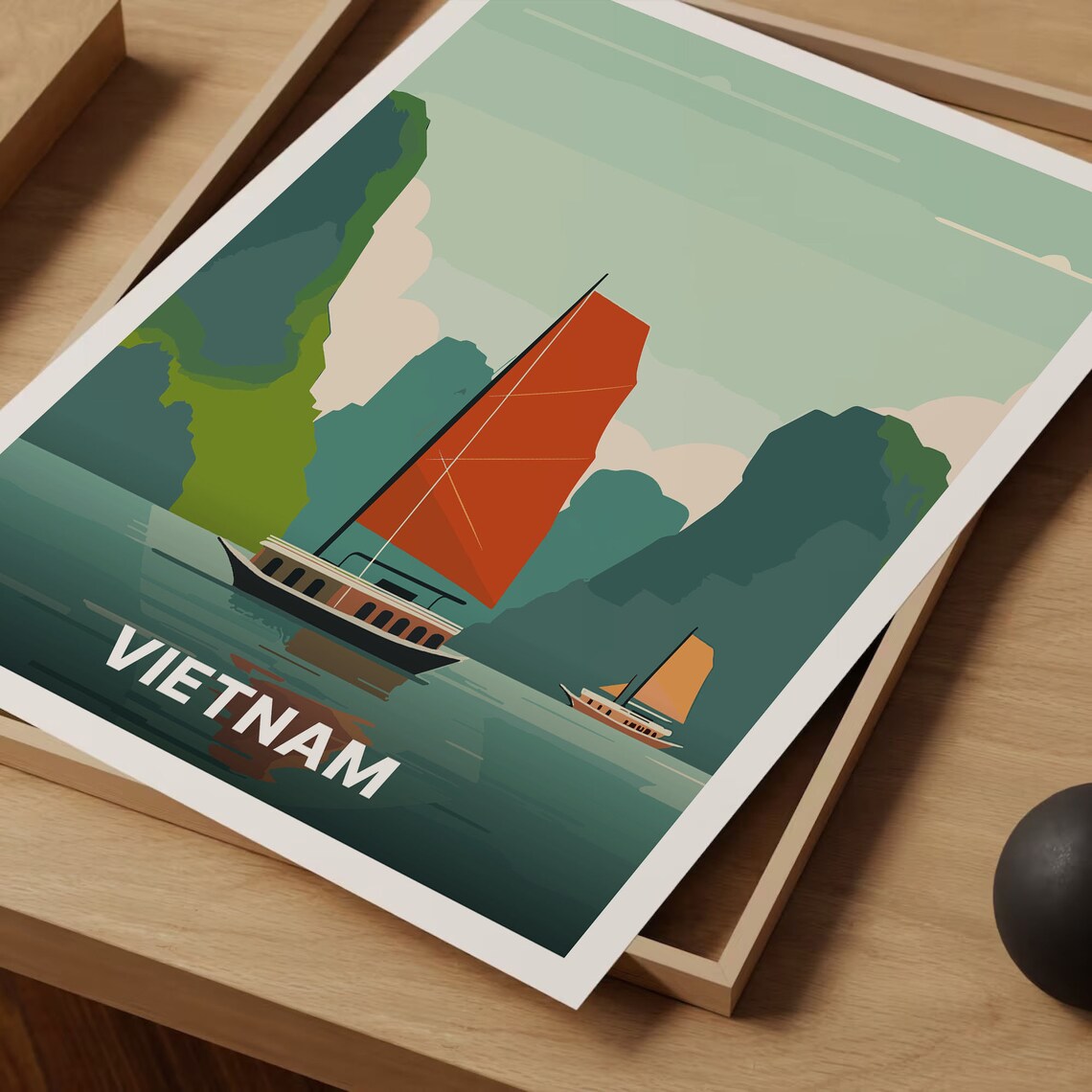 Vietnam Junk Boat Red Sails Karst Bay Adventure Travel Poster - Image 3