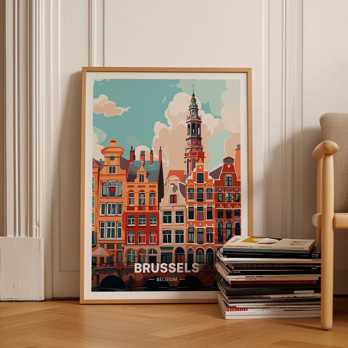 Brussels Belgium Historic Gabled Houses Church Tower Travel Poster