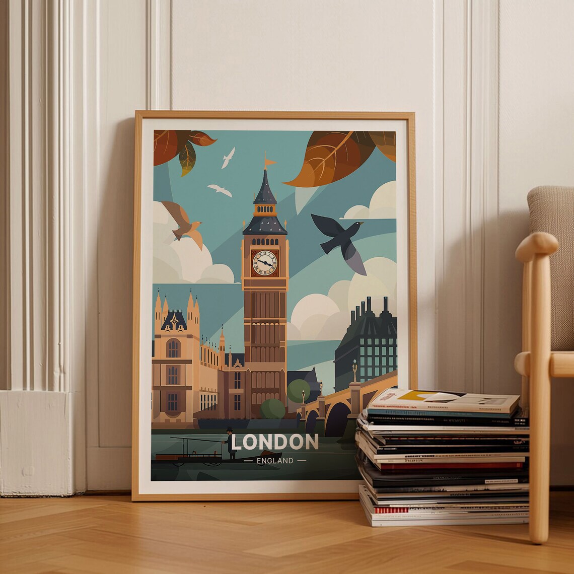London England Big Ben Westminster Autumn Birds Vintage Travel Poster