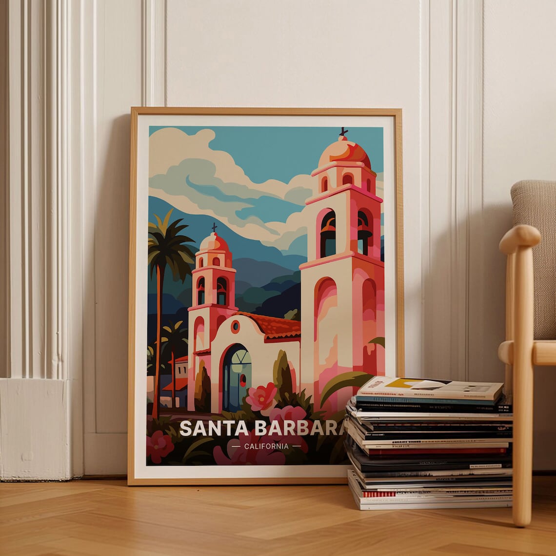 Santa Barbara California Mission Bell Tower Palm Vintage Travel Poster