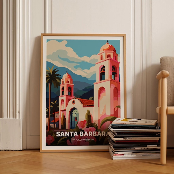 Santa Barbara California Mission Bell Tower Palm Vintage Travel Poster
