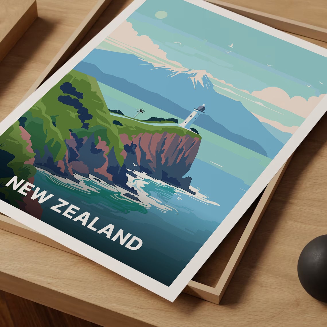New Zealand Lighthouse Cliff Coast Snowy Mountain Travel Poster - Image 3