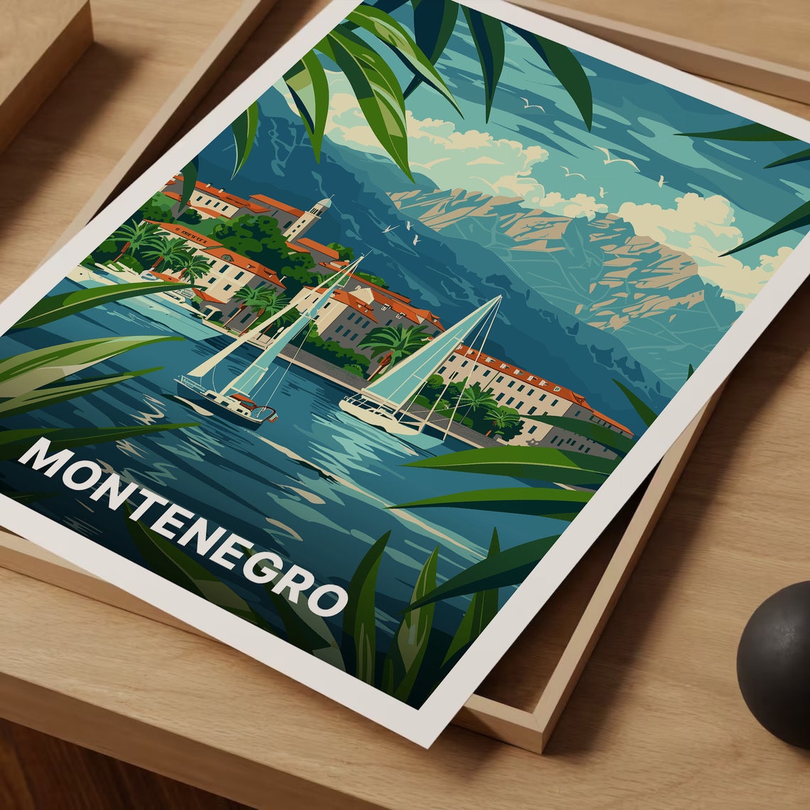 Montenegro Adriatic Bay Sailboats Mountain Coast Vintage Poster - Image 3