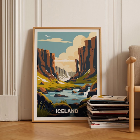 Iceland Canyon River Vintage Travel Poster Rustic Landscape Scene