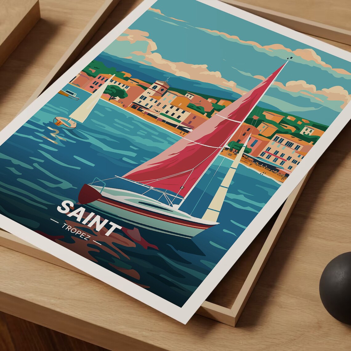 Saint Tropez Harbor Red Sailboat Riviera Vintage Travel Poster - Image 3