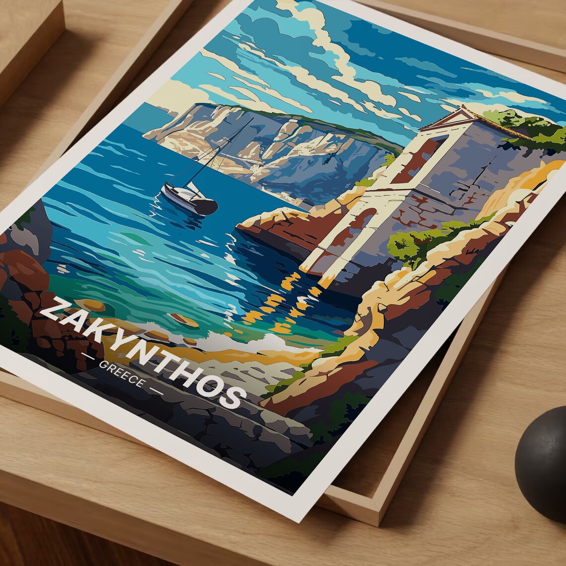 Zakynthos Greece Ionian Sea Cliffs Sailboat Cove Coastal Travel Poster - Image 3