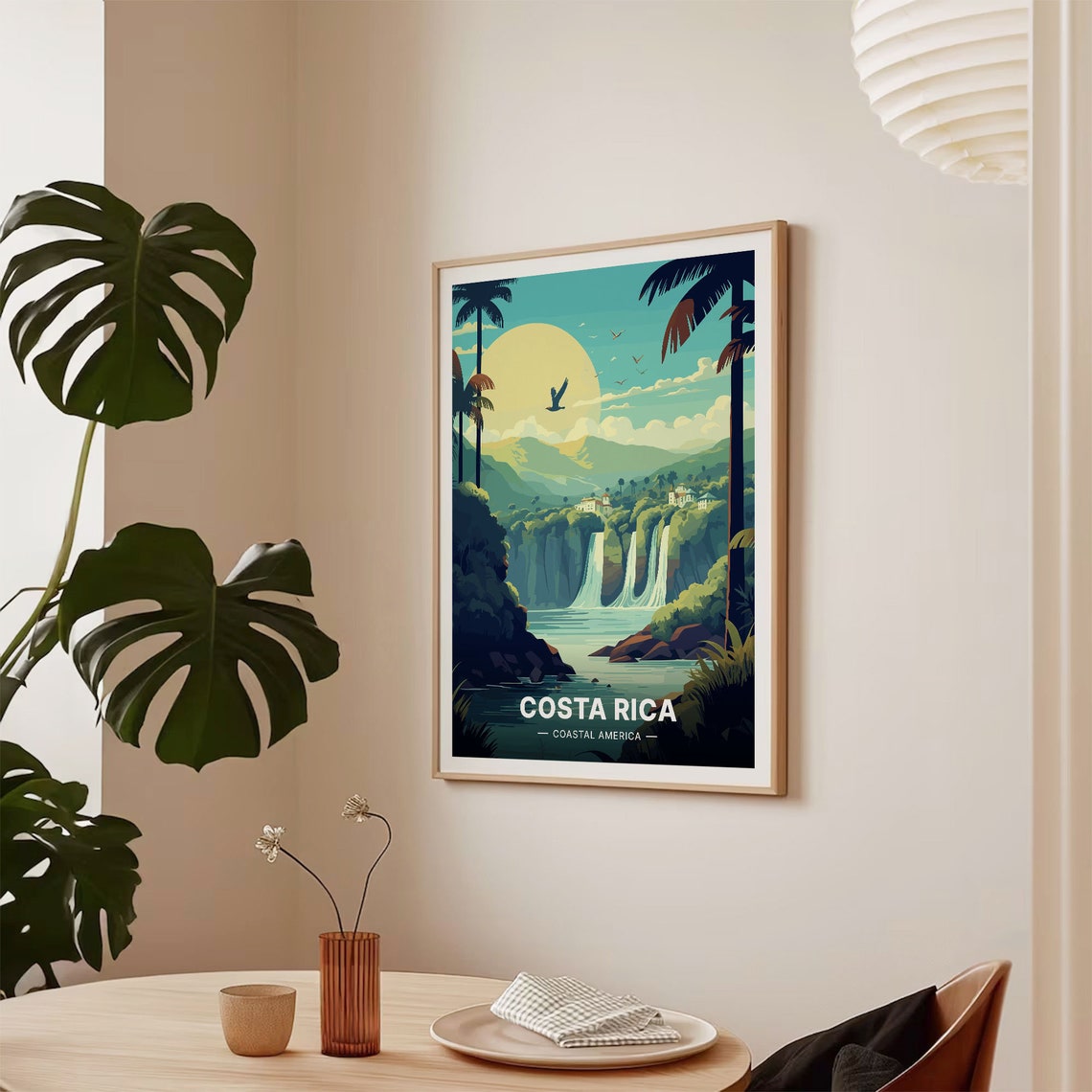 Costa Rica Tropical Waterfall Palms Sunset Jungle Travel Poster - Image 2