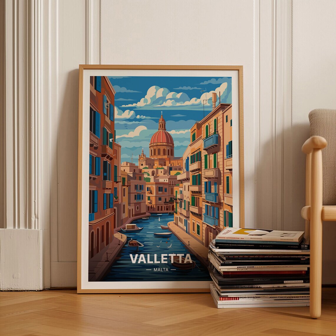 Valletta Malta Travel Poster Dome Canal Cityscape Mediterranean Art