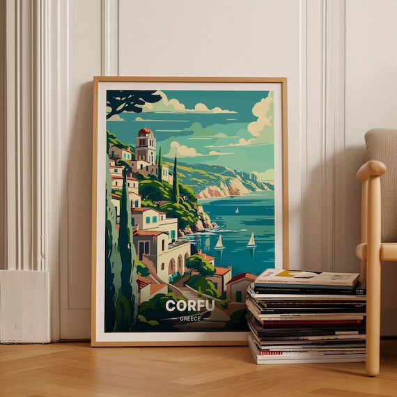 Corfu Greece Travel Poster, Greek Island Landscape