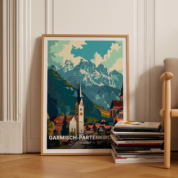 Garmisch Germany Alpine Church Zugspitze Mountain Travel Poster