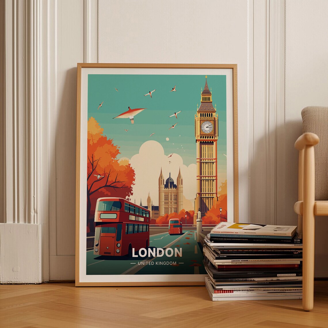London Big Ben Double Decker Bus Autumn Retro Vintage Travel Poster