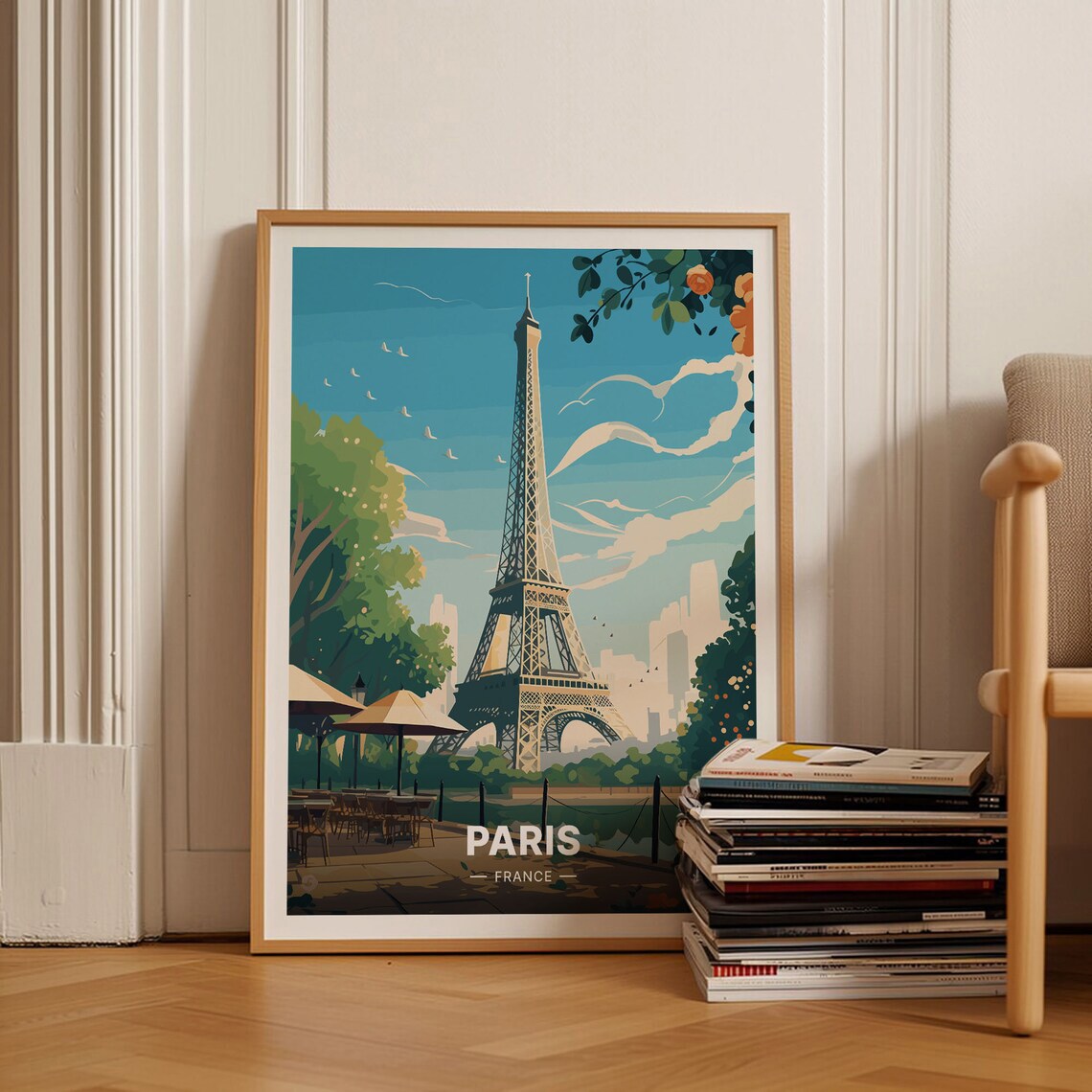 Paris France Eiffel Tower Cafe Terrace Sunny Day Travel Poster