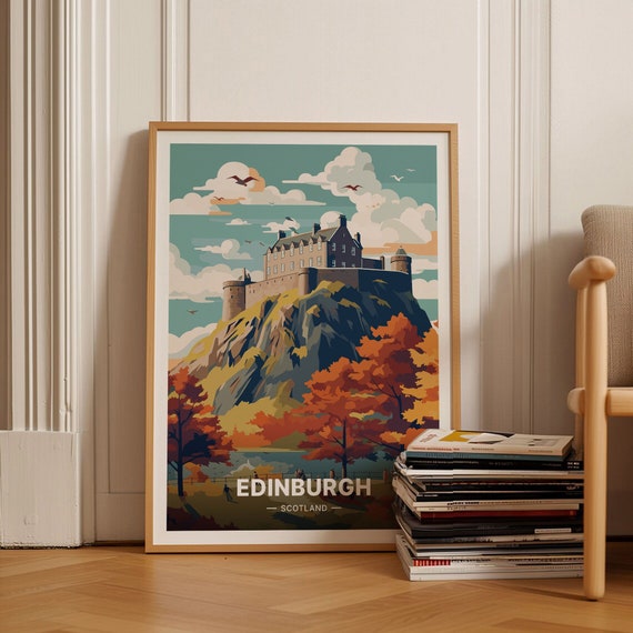 Edinburgh Scotland Travel Poster, Castle Cityscape