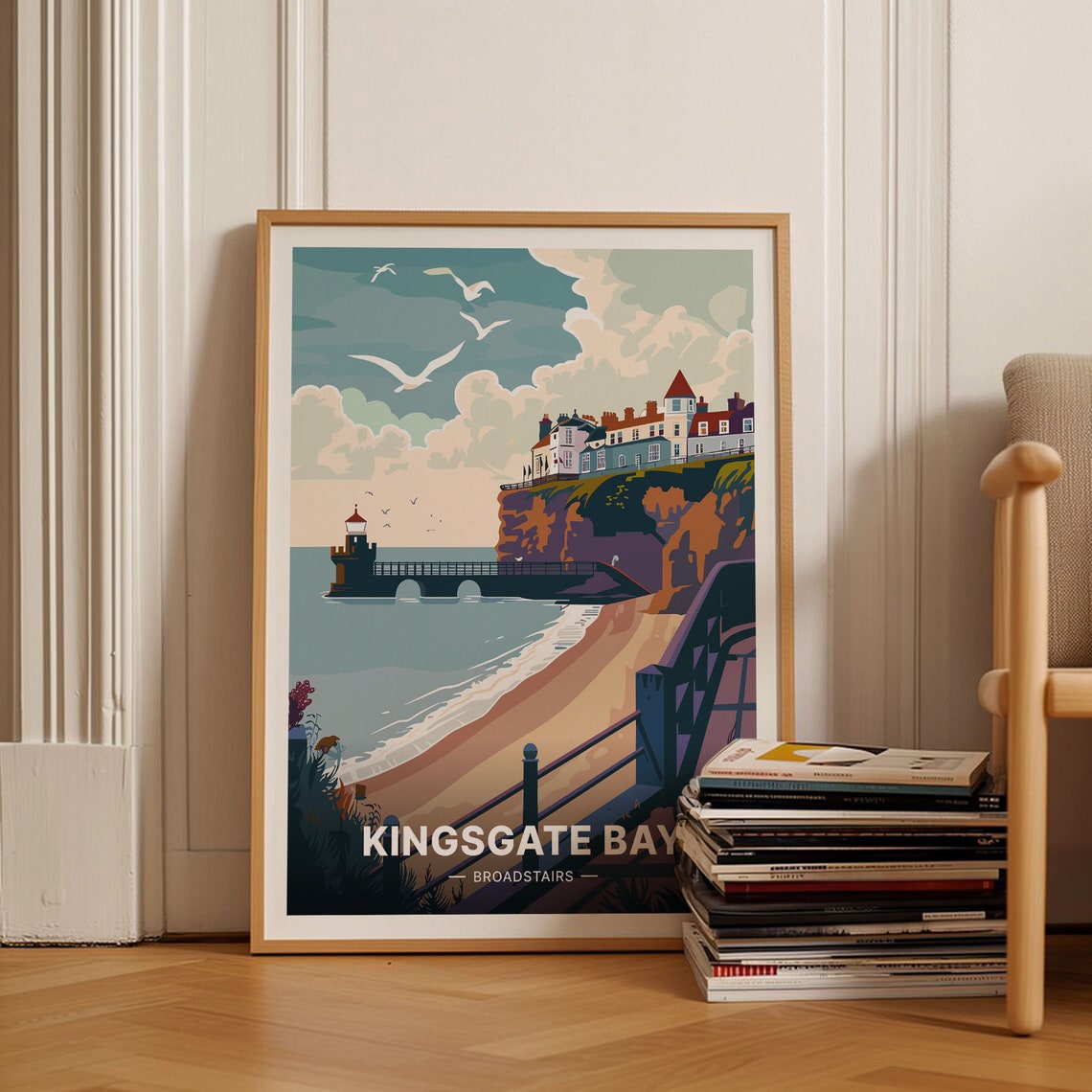 Kingsgate Bay Broadstairs Kent Pier Cliff Beach Vintage Poster