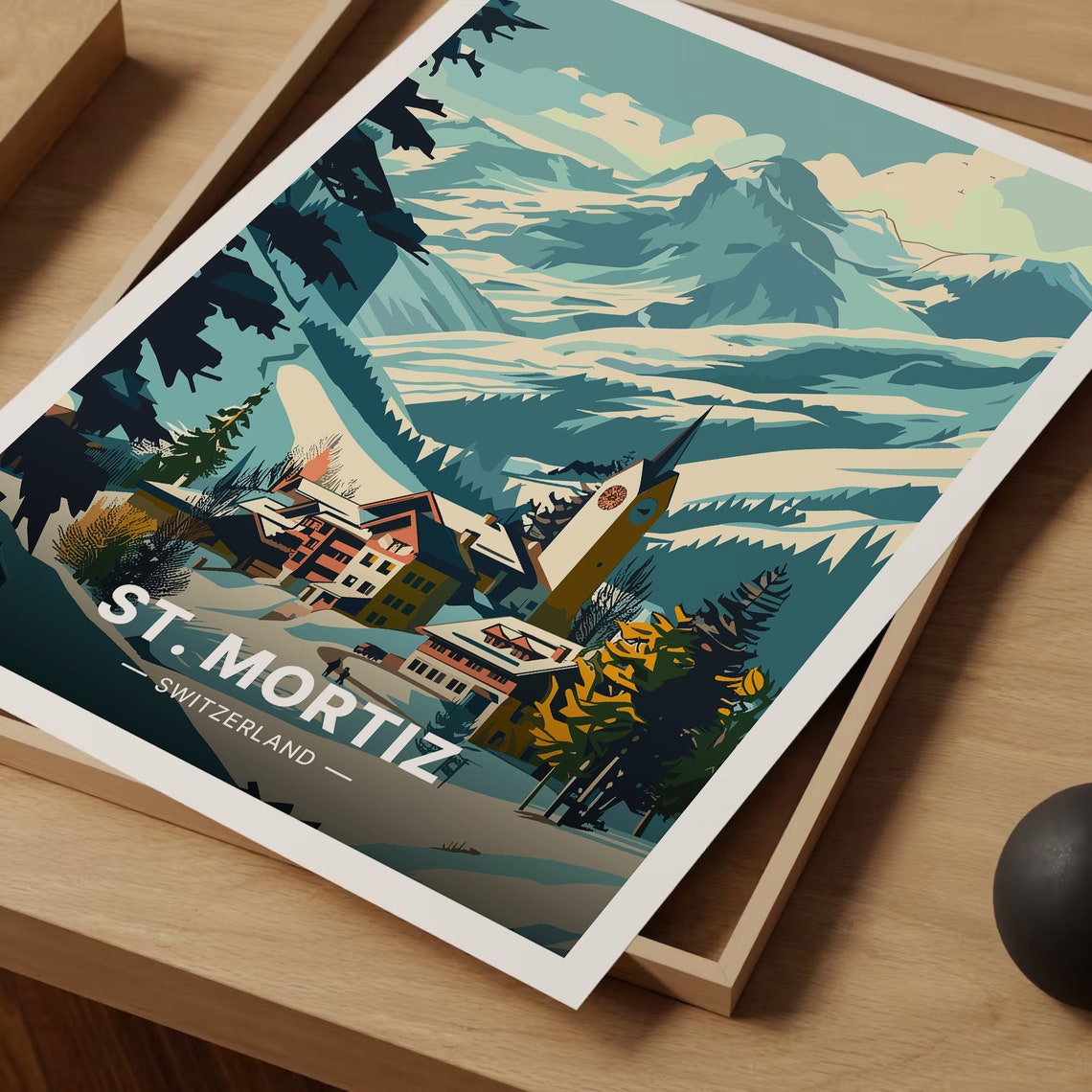 St Moritz Switzerland Poster Alpine Village Snowy Peaks Resort Art - Image 3