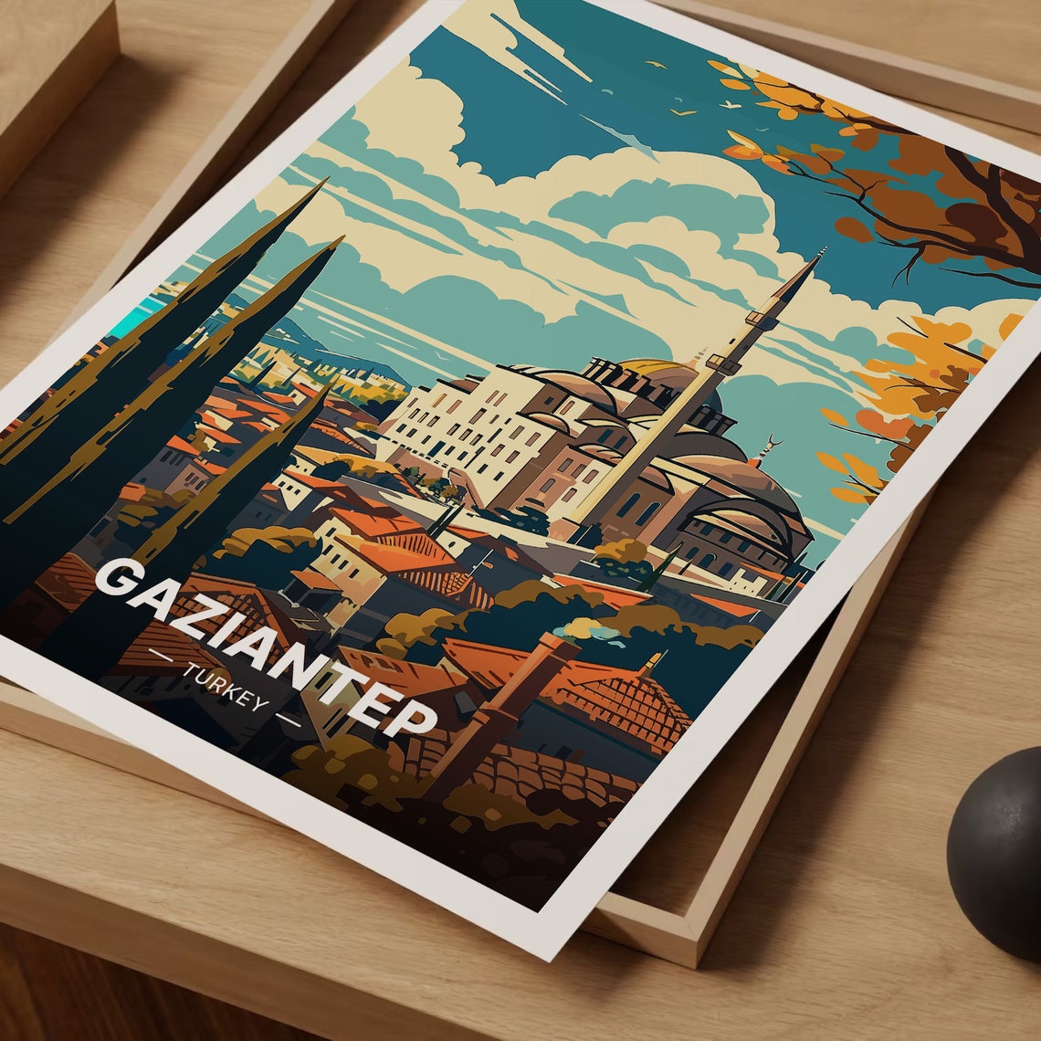 Gaziantep Turkey Ottoman Mosque Domes Cypress Vintage Travel Poster - Image 3
