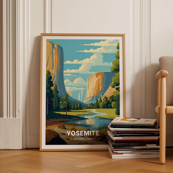 Yosemite National Park Granite Cliffs River Retro Travel Poster