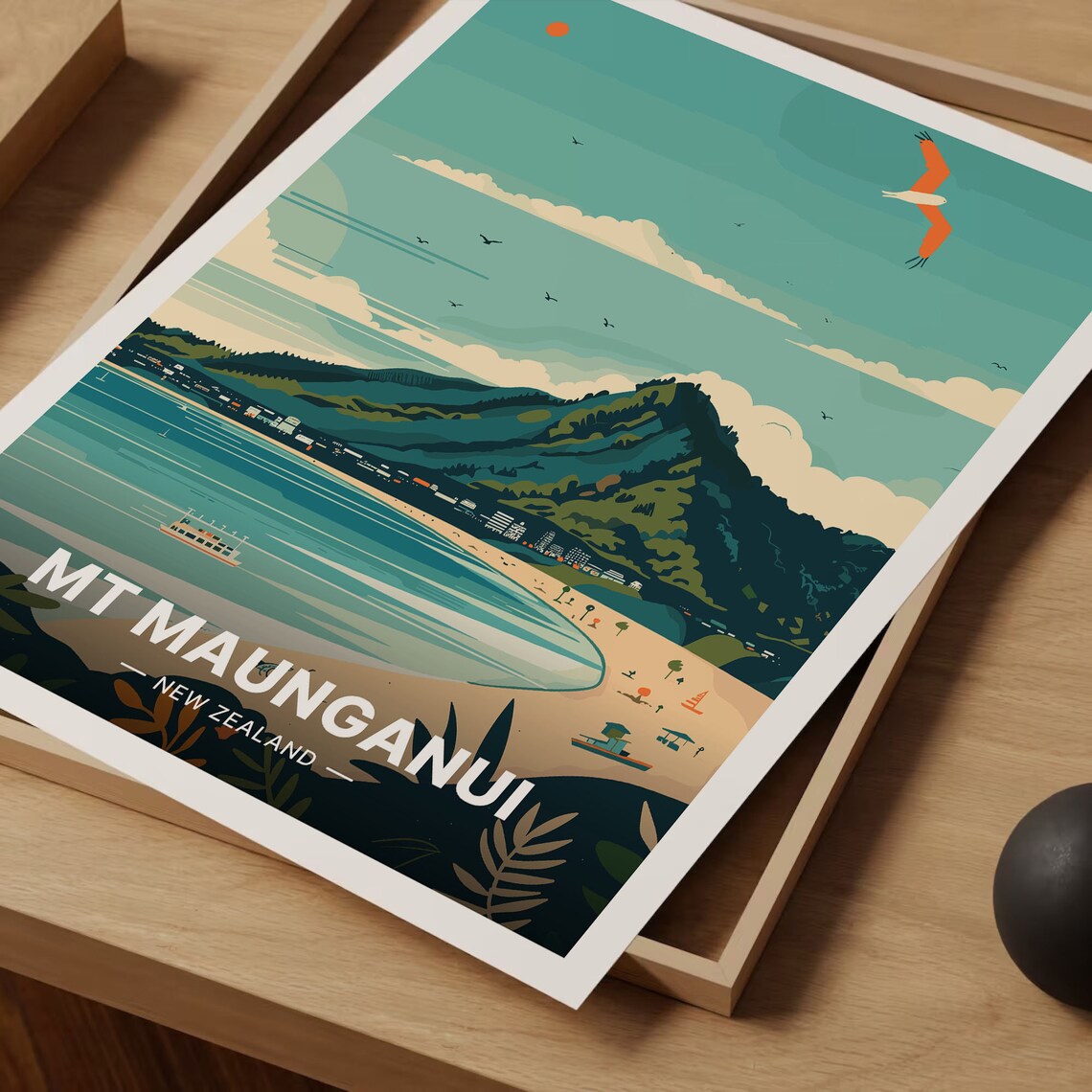 Mt Maunganui New Zealand Vintage Travel Poster Beach Mountain Art - Image 3