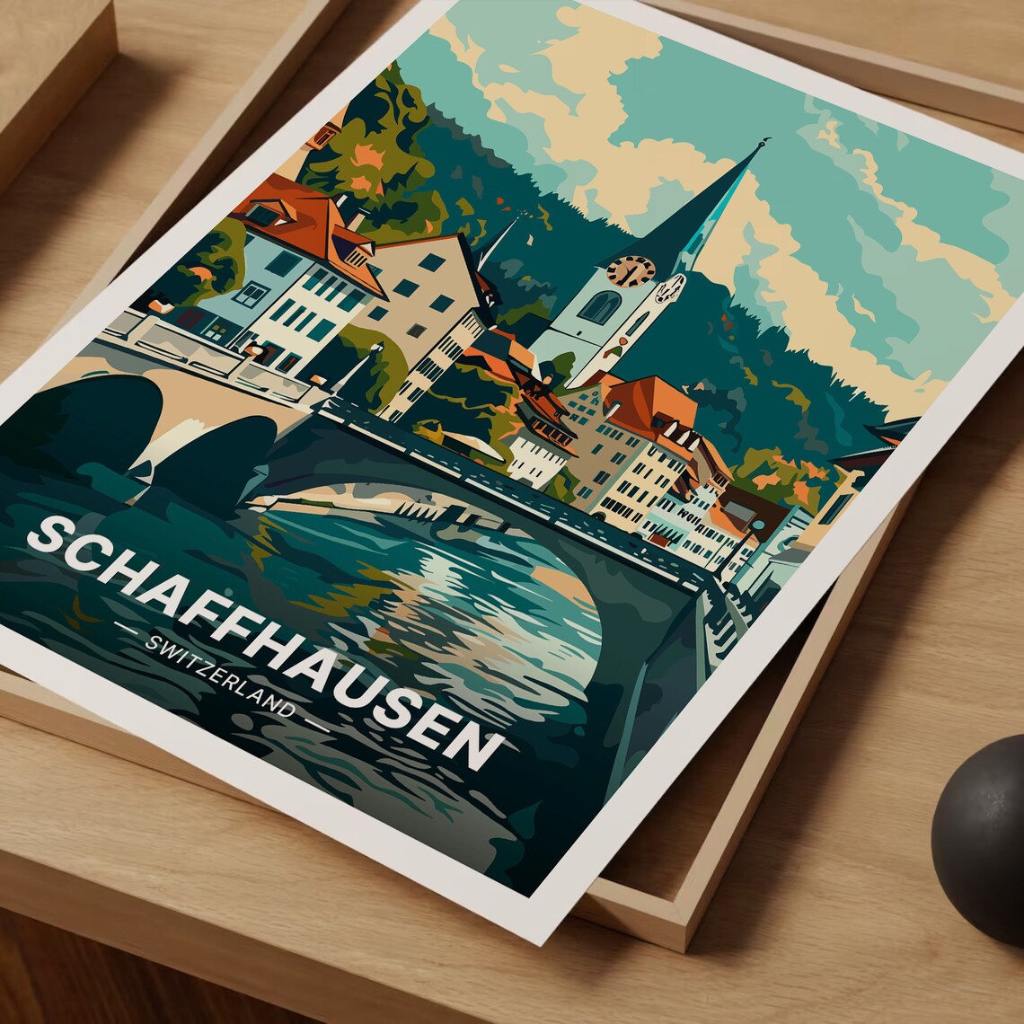 Schaffhausen Switzerland Riverside Old Town Bridge Tower Travel Poster - Image 3