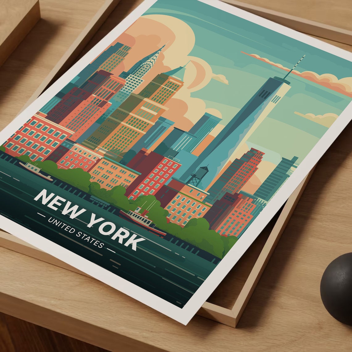 New York City Manhattan Skyline Harbor Sunset Retro Travel Poster - Image 3