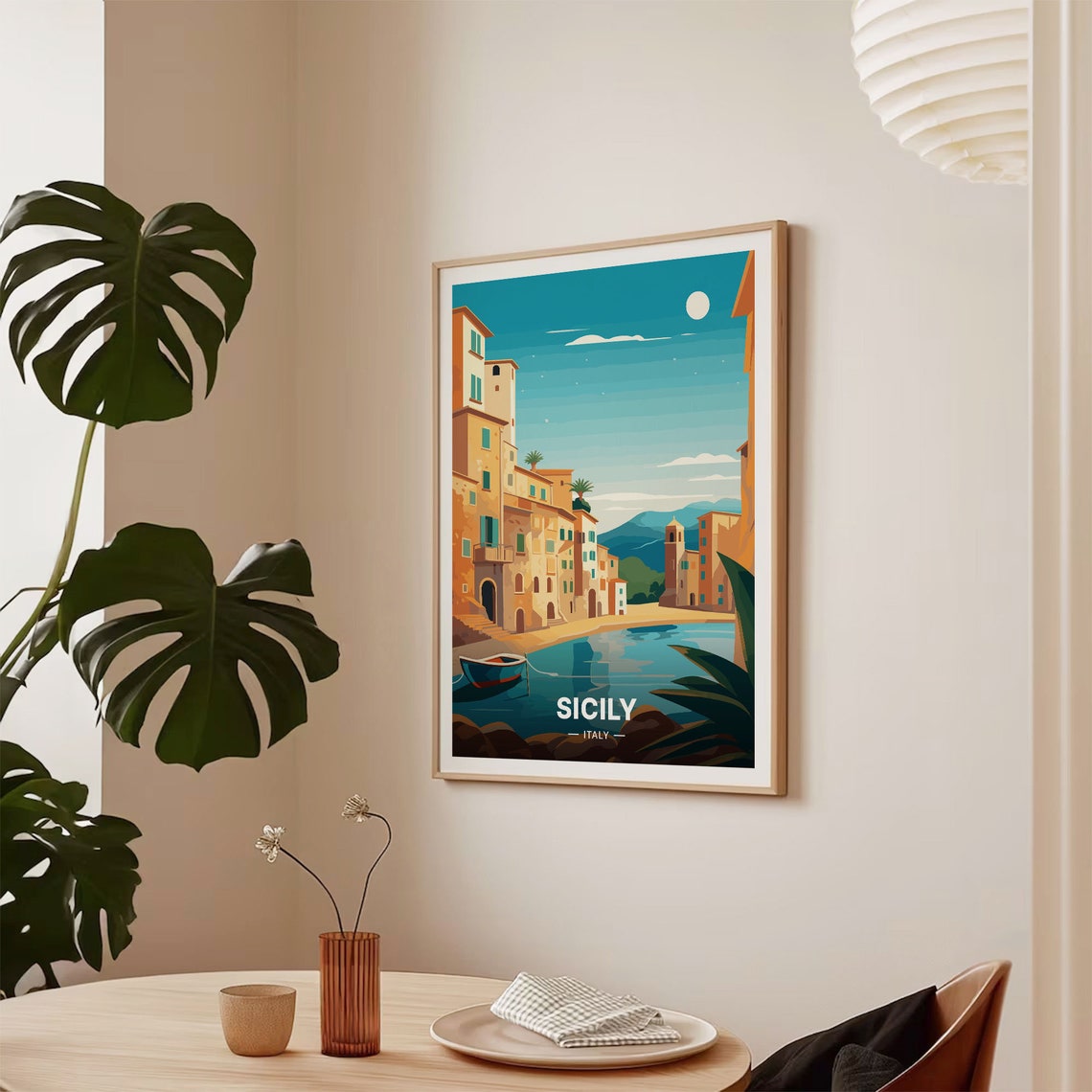 Sicily Italy Coastal Town Rowboat Moonlight Harbor Travel Poster - Image 2