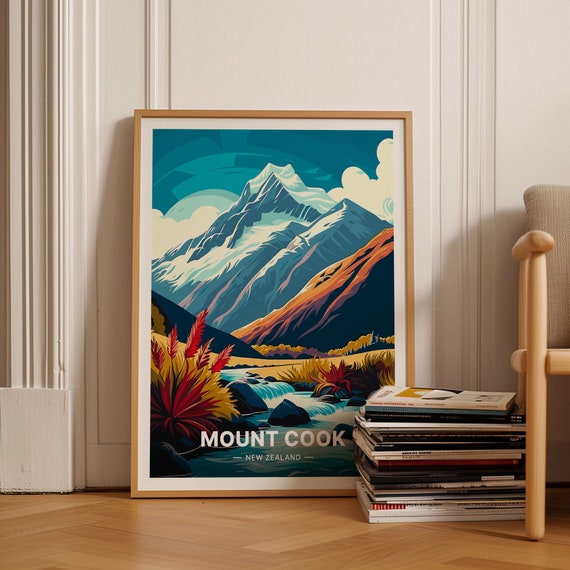 Mount Cook Travel Poster, New Zealand Landscape