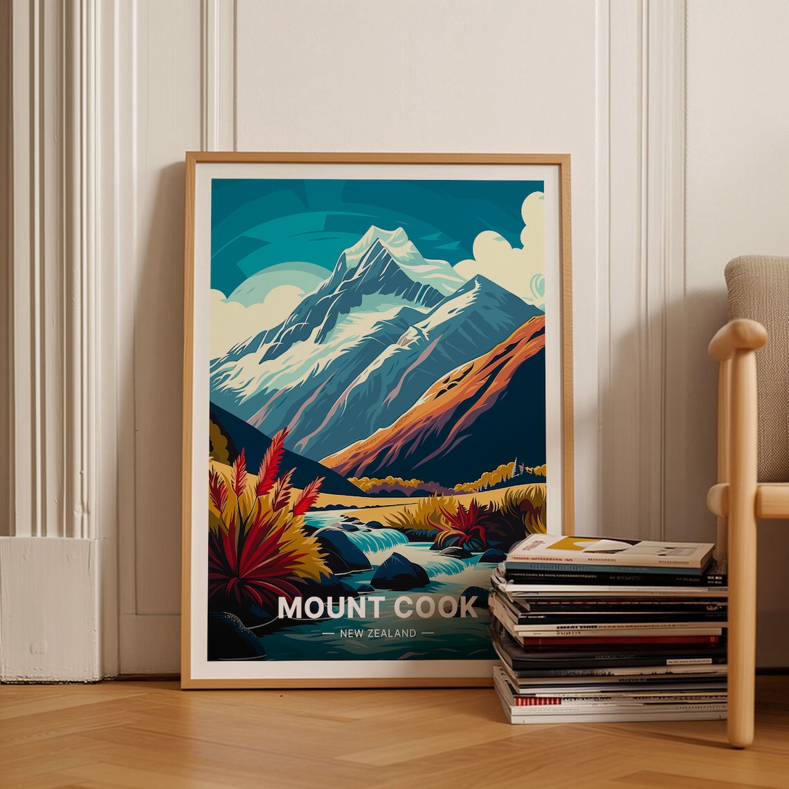 Mount Cook Travel Poster, New Zealand Landscape