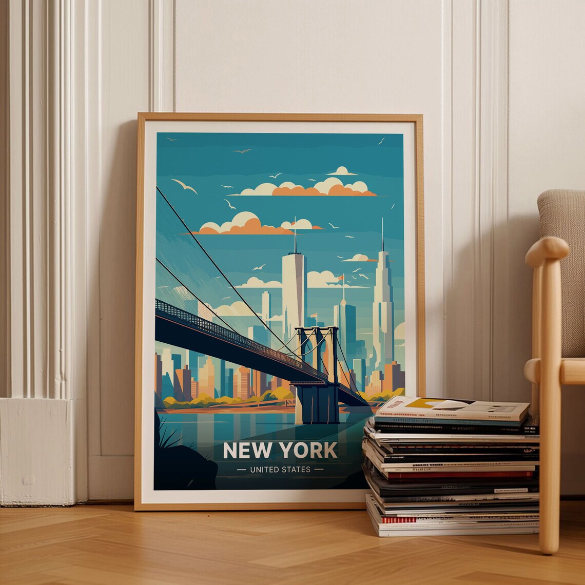 New York City Brooklyn Bridge Manhattan Skyline Vintage Art Poster