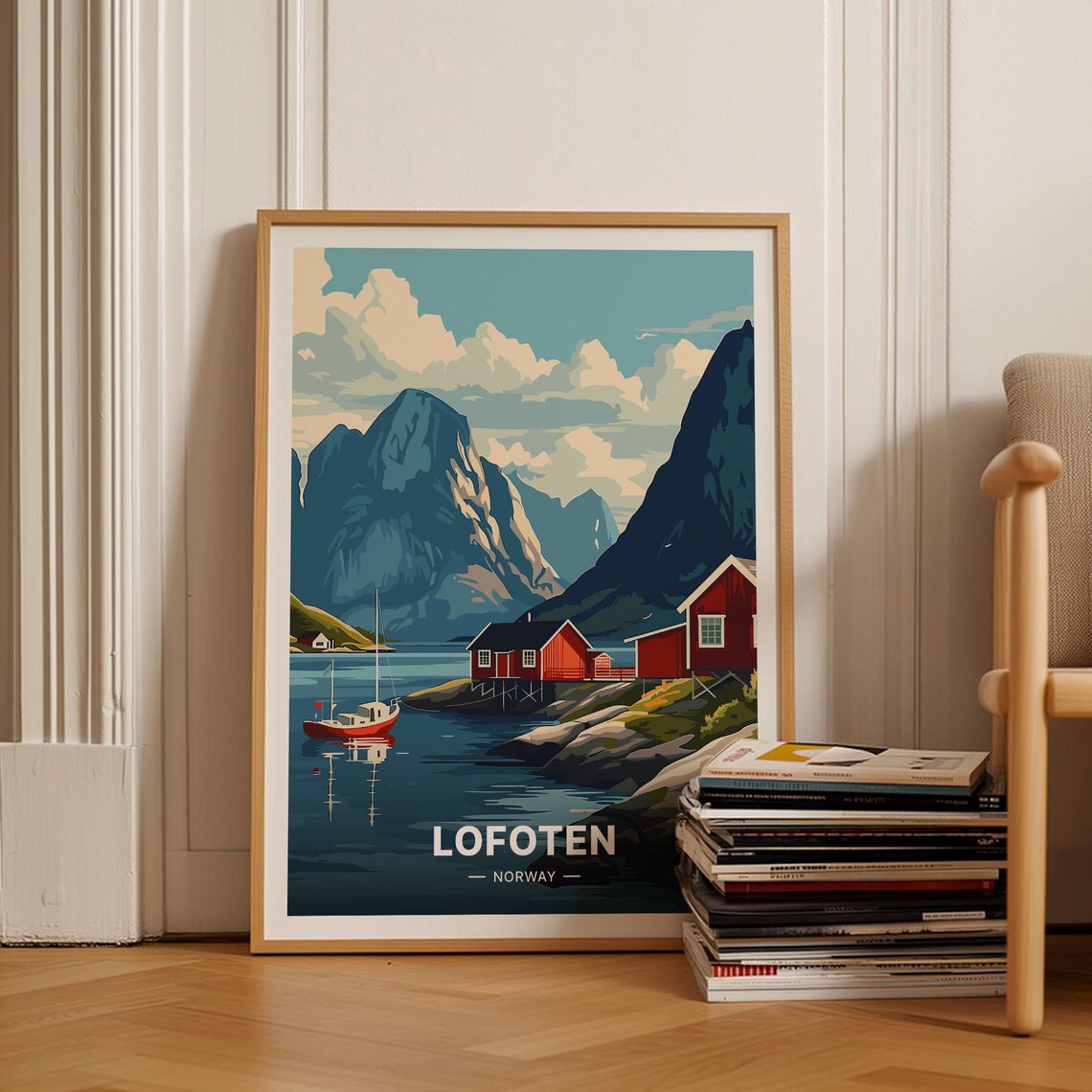 Lofoten Norway Red Cabins Arctic Harbor Scenic Retro Travel Poster