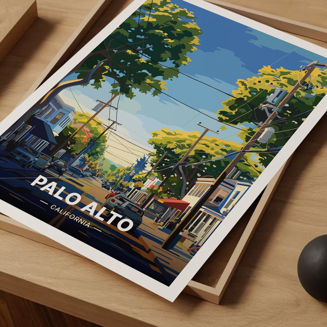 Palo Alto California Travel Poster Sunny Tree-Lined Street City Art - Image 3