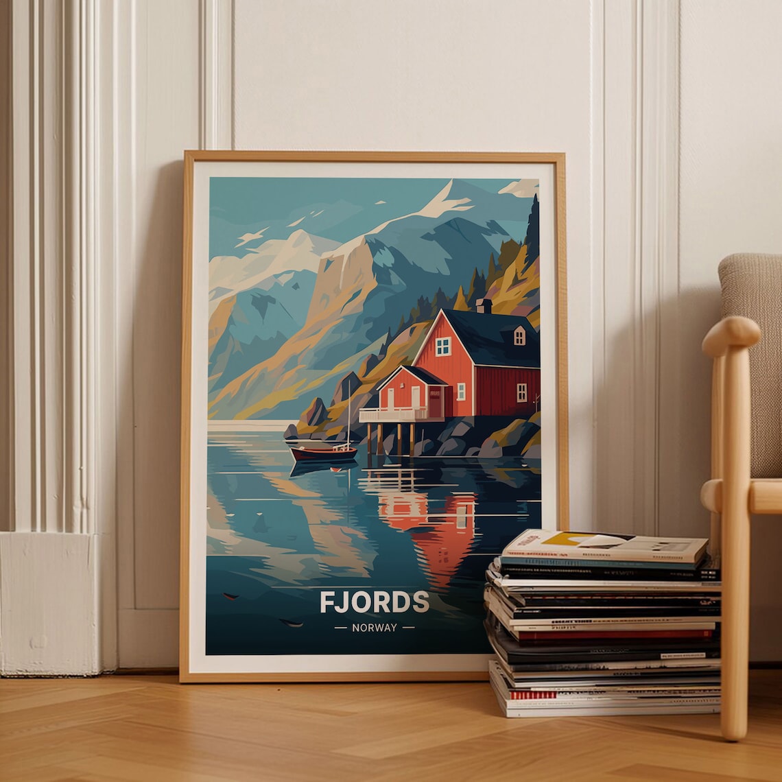 Norwegian Fjords Red Cabin Mirror Water Snowy Peaks Travel Poster