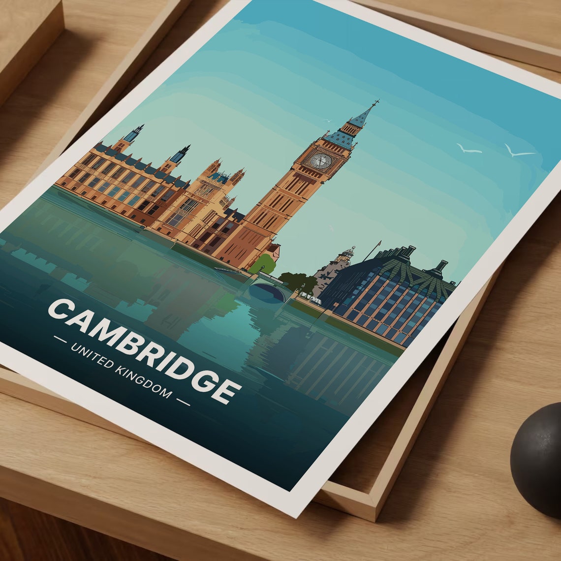 Cambridge United Kingdom Riverside Clock Tower Skyline Poster - Image 3