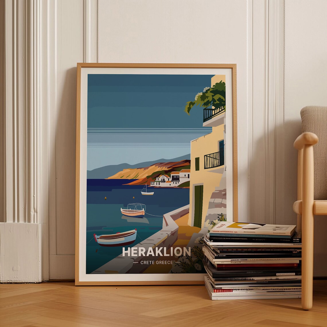 Heraklion Crete Greece Harbor Boats Village Vintage Travel Poster