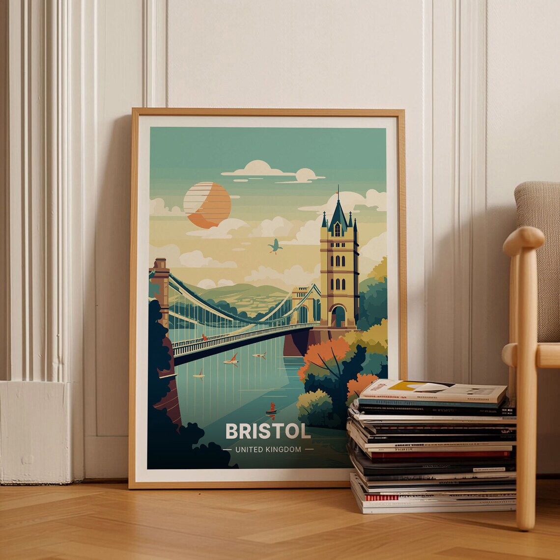 Bristol UK Suspension Bridge Sunset Rowers Harbor Travel Poster