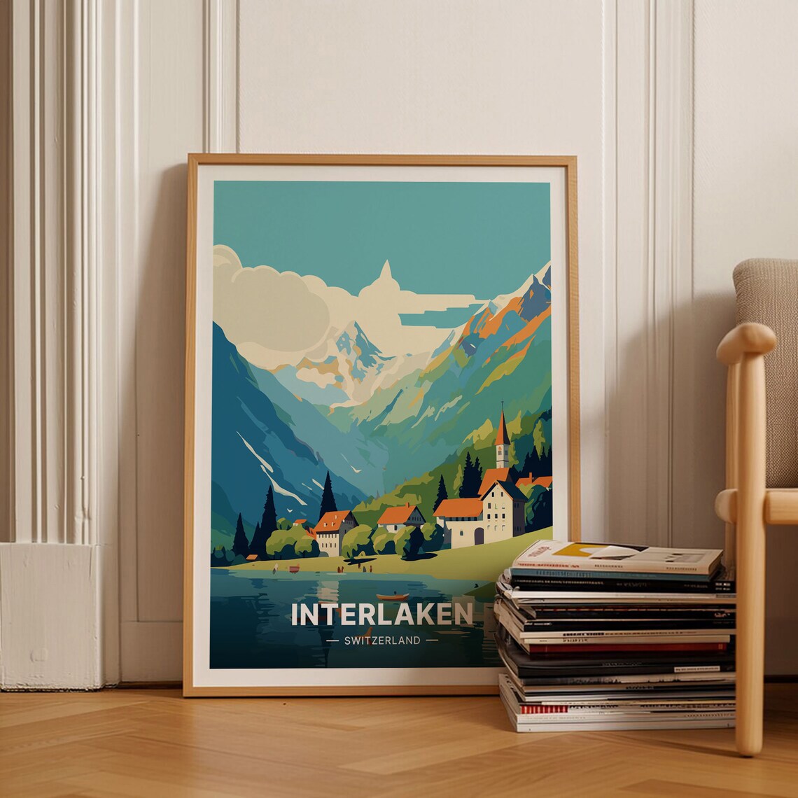 Interlaken Switzerland Alpine Lake Village Peaks Travel Poster