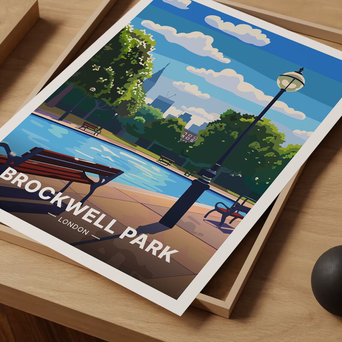Brockwell Park London Pond and Benches Vintage Travel Poster - Image 3