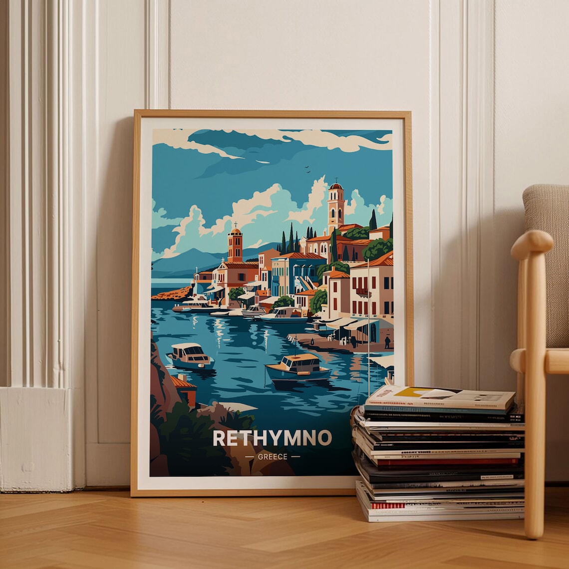 Rethymno Greece Harbor Church Towers Boats Old Town Scene Poster