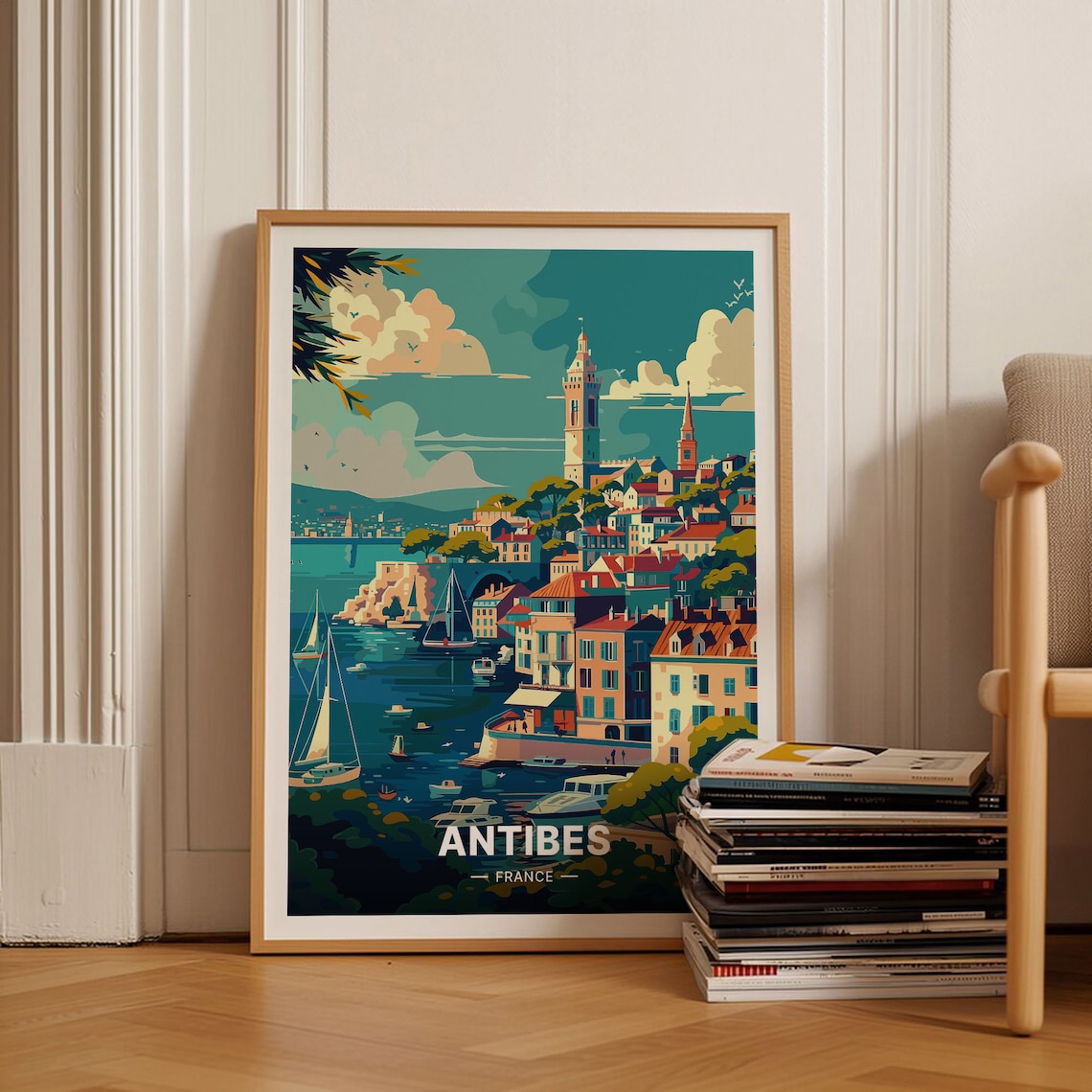 Antibes France Riviera Harbor Sailboats Old Town Towers Travel Poster