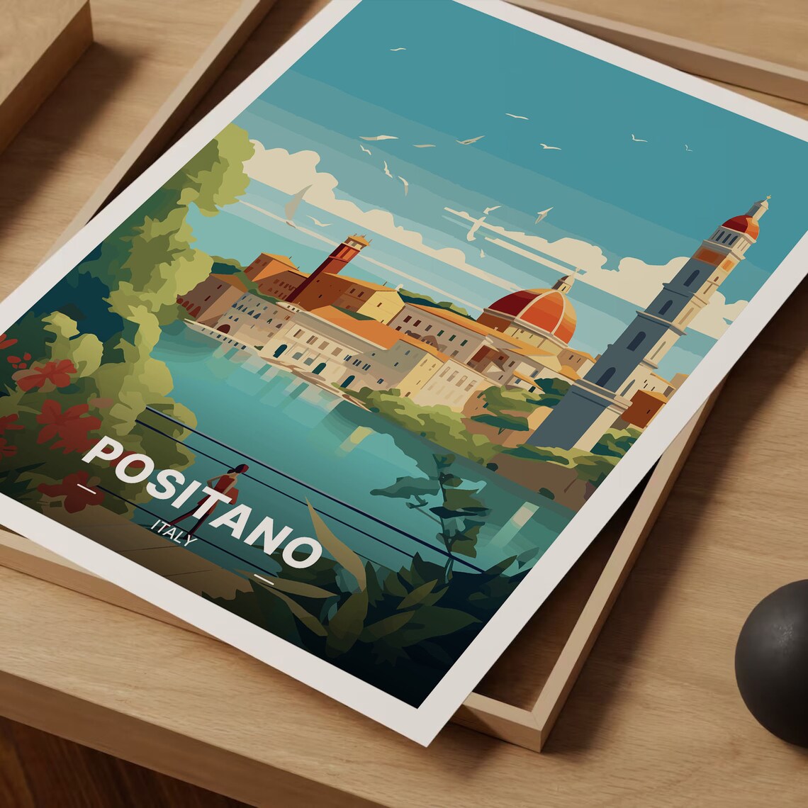 Positano Italy Amalfi Coast Domed Church Seagulls Travel Poster - Image 3