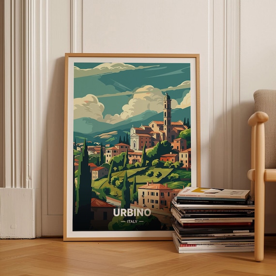 Urbino Italy Hilltop Old Town Cypress Hills Retro Travel Poster