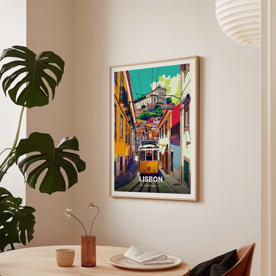 Lisbon Portugal Yellow Tram Steep Street Castle Hill Scene Poster - Image 2