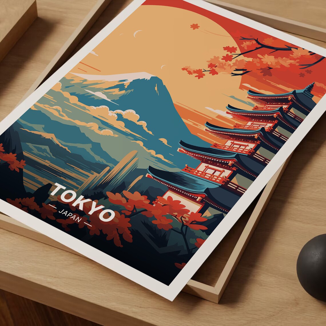 Tokyo Japan Mount Fuji Pagoda Maple Leaves Sunset Travel Poster - Image 3