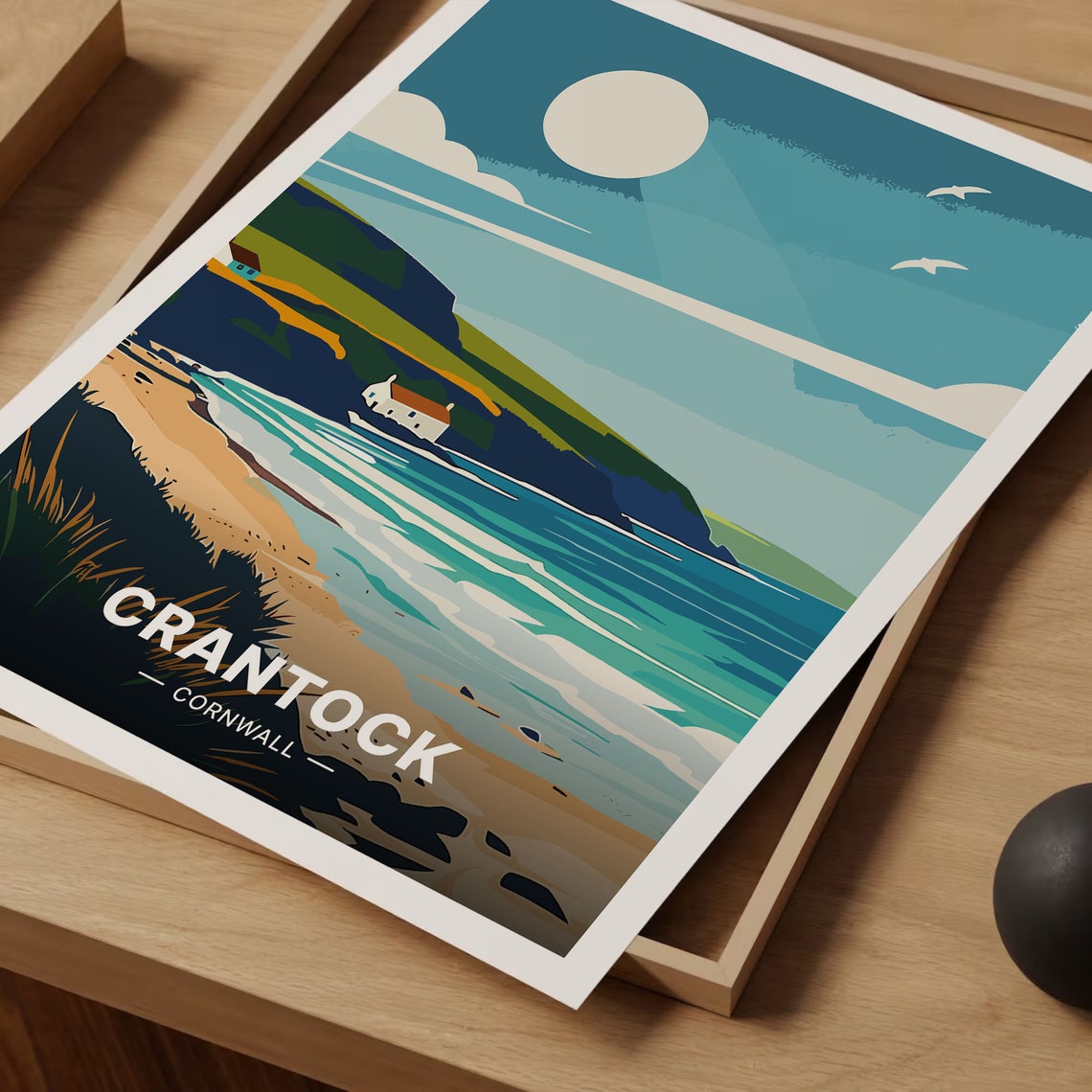 Crantock Cornwall Sunny Beach Coastal Cliffs Retro Travel Poster - Image 3