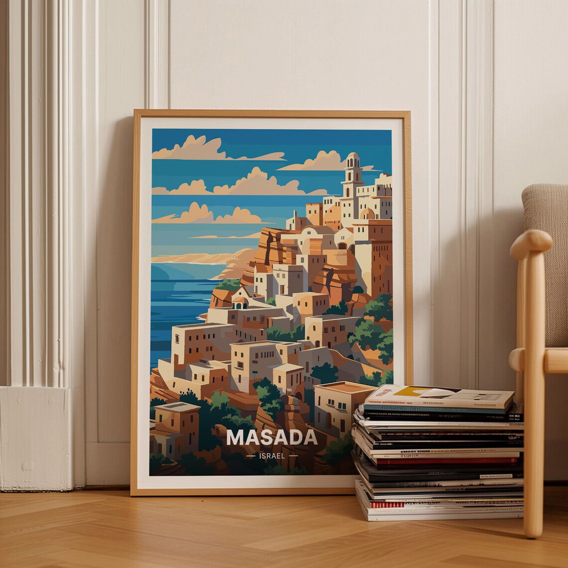 Masada Israel Travel Poster Cliffside Village Mediterranean Sea Art