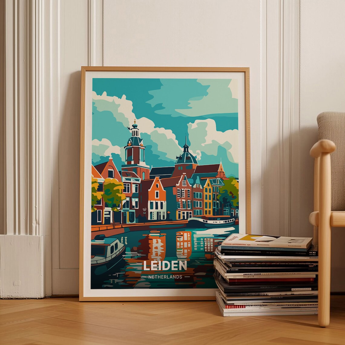 Leiden Netherlands Old Town Canal Houses Vintage Travel Poster