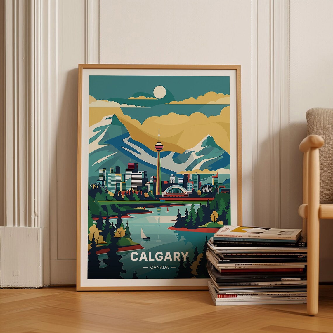 Calgary Canada Tower Skyline River Mountain Backdrop Travel Poster