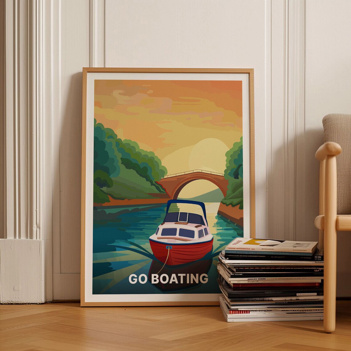 Go Boating Red Canal Boat Sunset Bridge Vintage Travel Poster