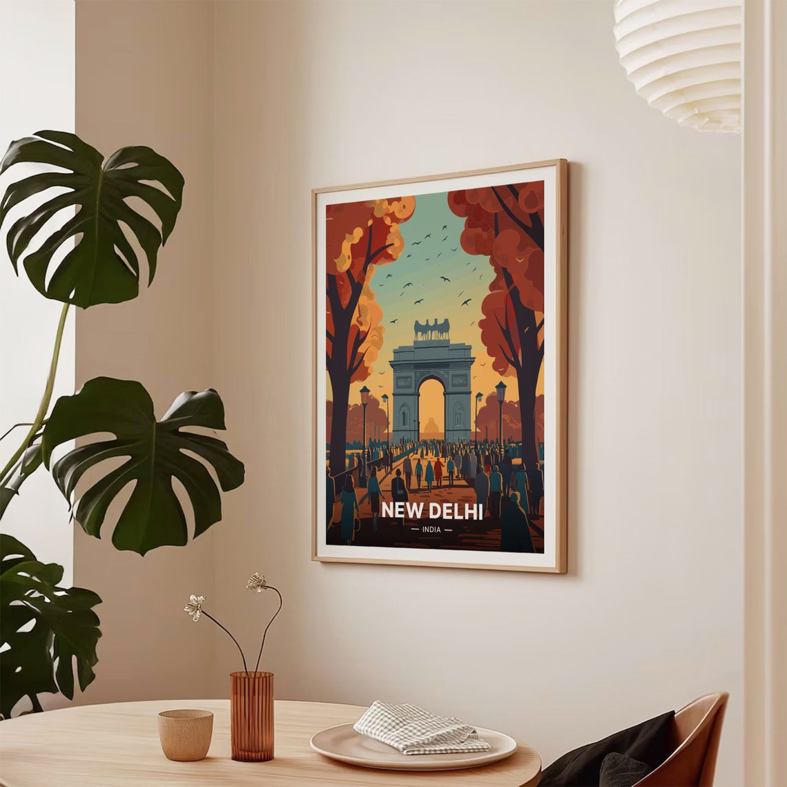 New Delhi India Retro Travel Poster Monument Arch Sunset Crowd - Image 2
